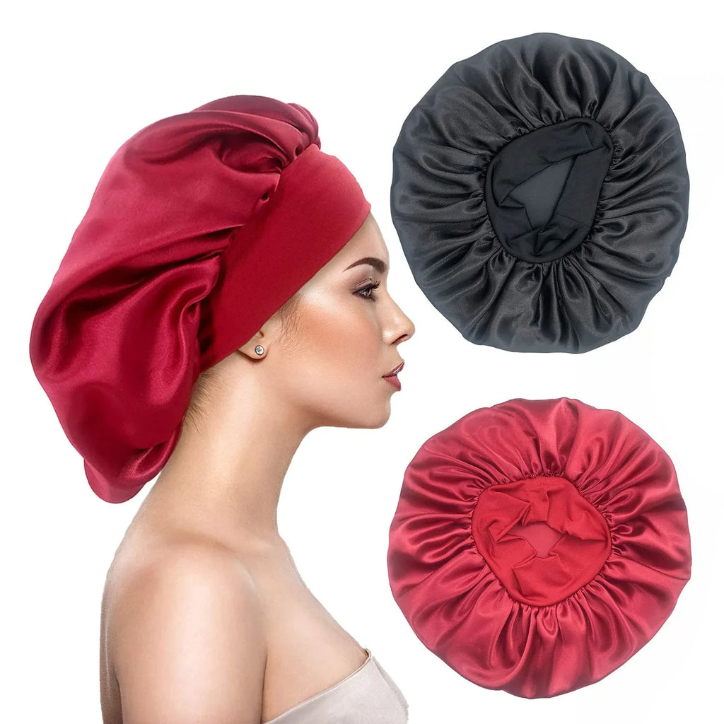 Bonnet de nuit en soie rouge et noir pour soin des cheveux et beauté
