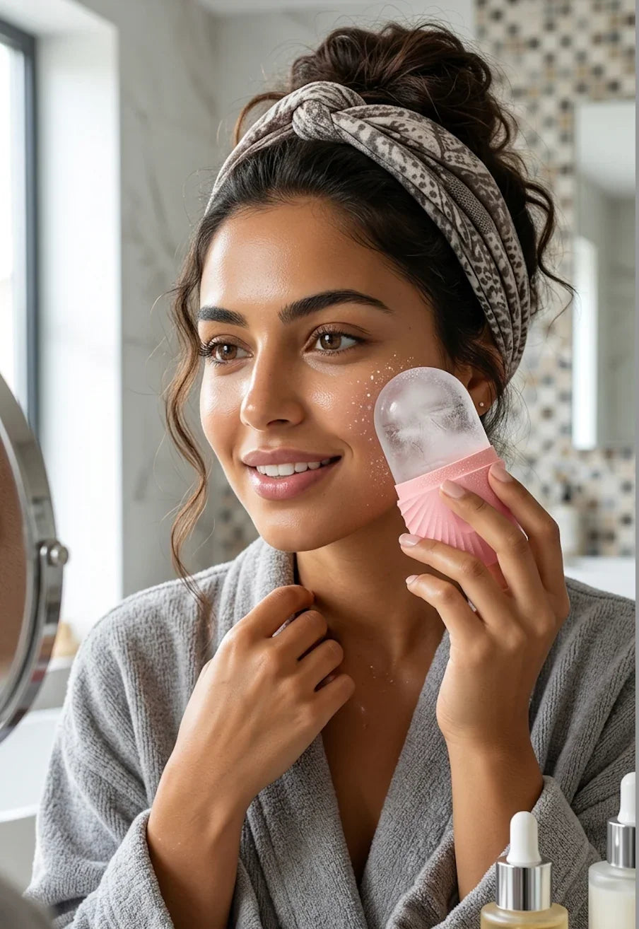 Femme utilisant un ice roller visage & corps rose