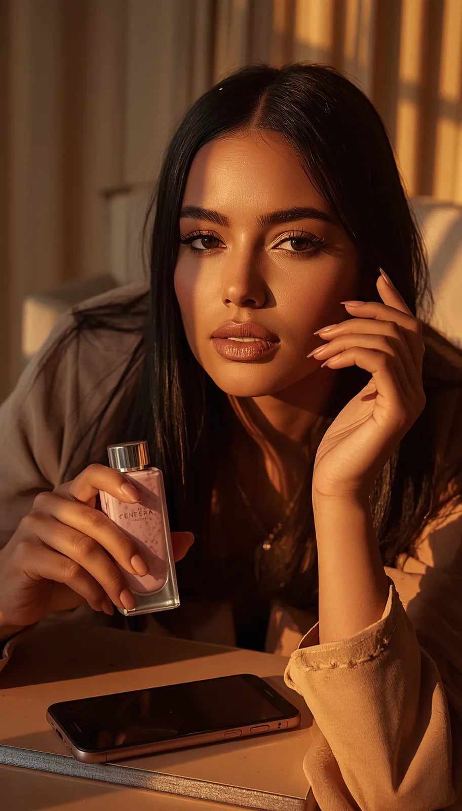 Femme tenant un flacon de parfum rose avec éclairage doré, cadeau beauté élégant
