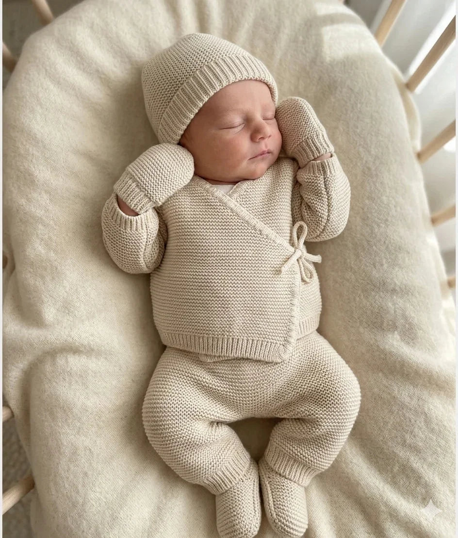 Coffret de naissance personnalisé – tenue tricotée bébé 0-3 mois complète