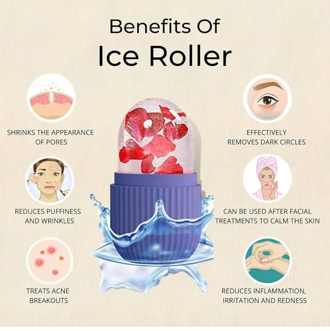 Roller glaçons beauté avec pétales roses, réduit pores, cernes, boutons et inflammations, idéal soin visage