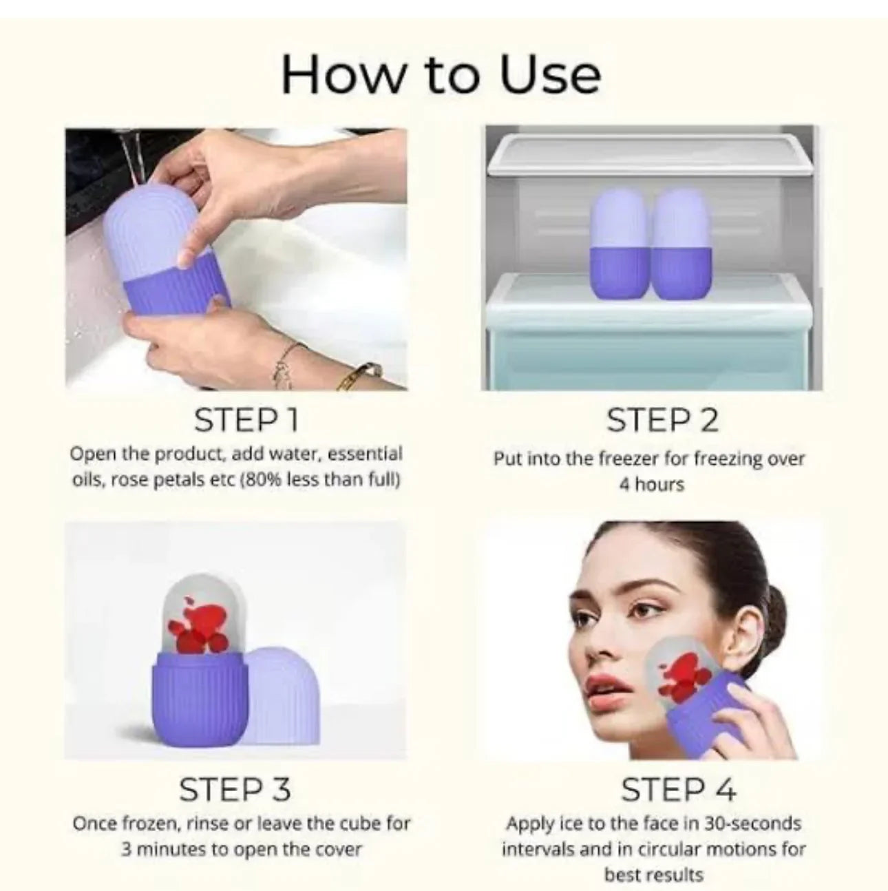 Guide d'utilisation pour cube de glace beauté avec pétales de rose et huiles essentielles