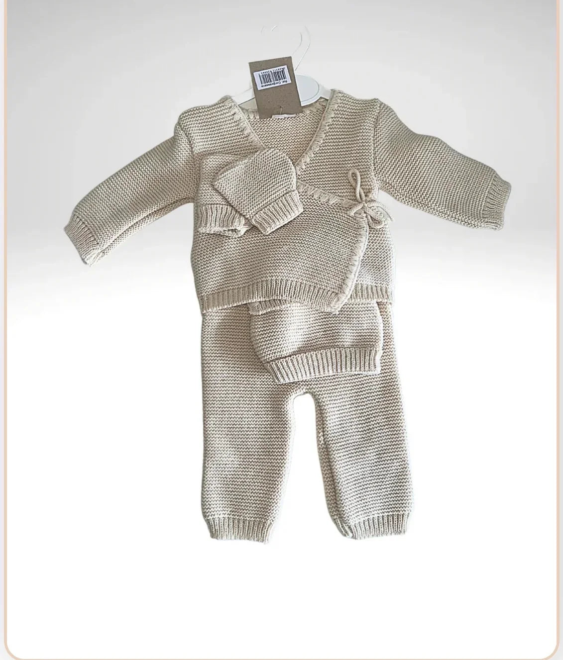 Ensemble tricot bébé beige 0-3 mois – pull col et pantalon coffret naissance