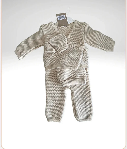 Ensemble tricot bébé beige 0-3 mois – pull col et pantalon coffret naissance