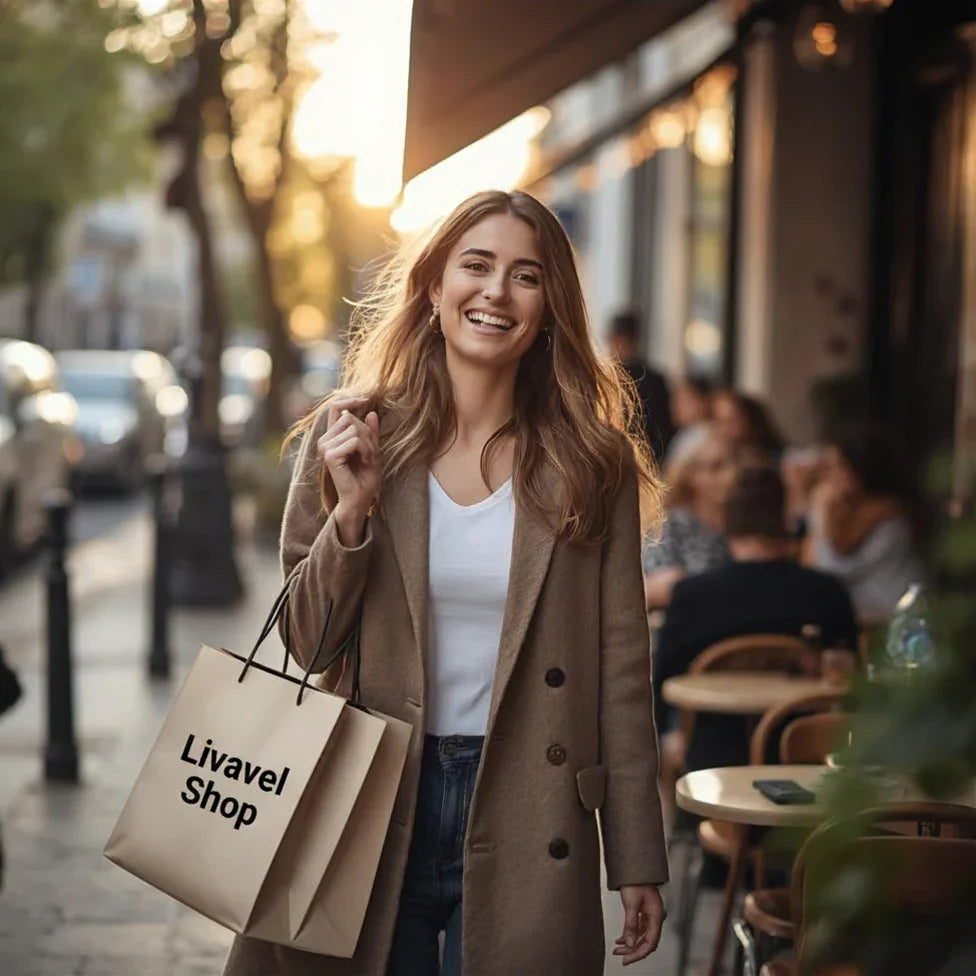 Femme souriante avec sac Livavel Shop, cadeaux de naissance et bijoux iconiques