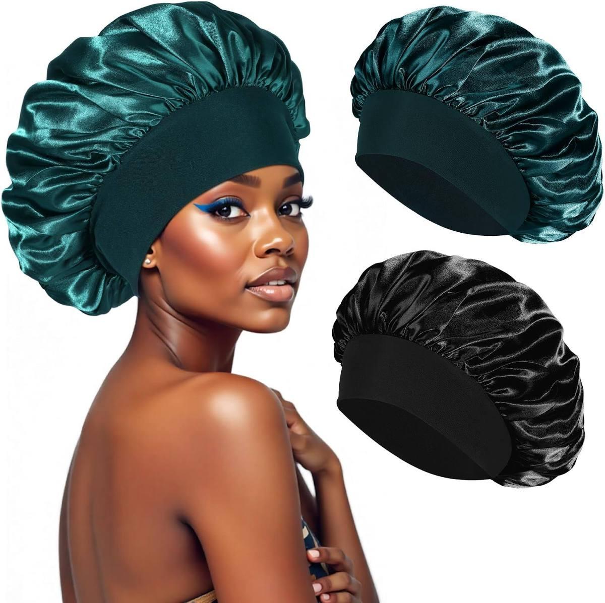 Bonnet de nuit en satin vert et noir pour soin des cheveux et beauté