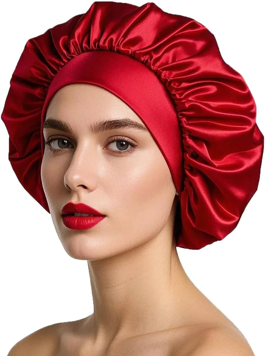 Bonnet de nuit en soie rouge pour soin beauté et cheveux